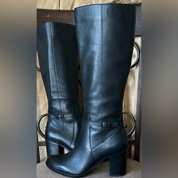 NIB women Sz 8M black leather stacked heels heels tall business casual boots - Picture 5 of 13